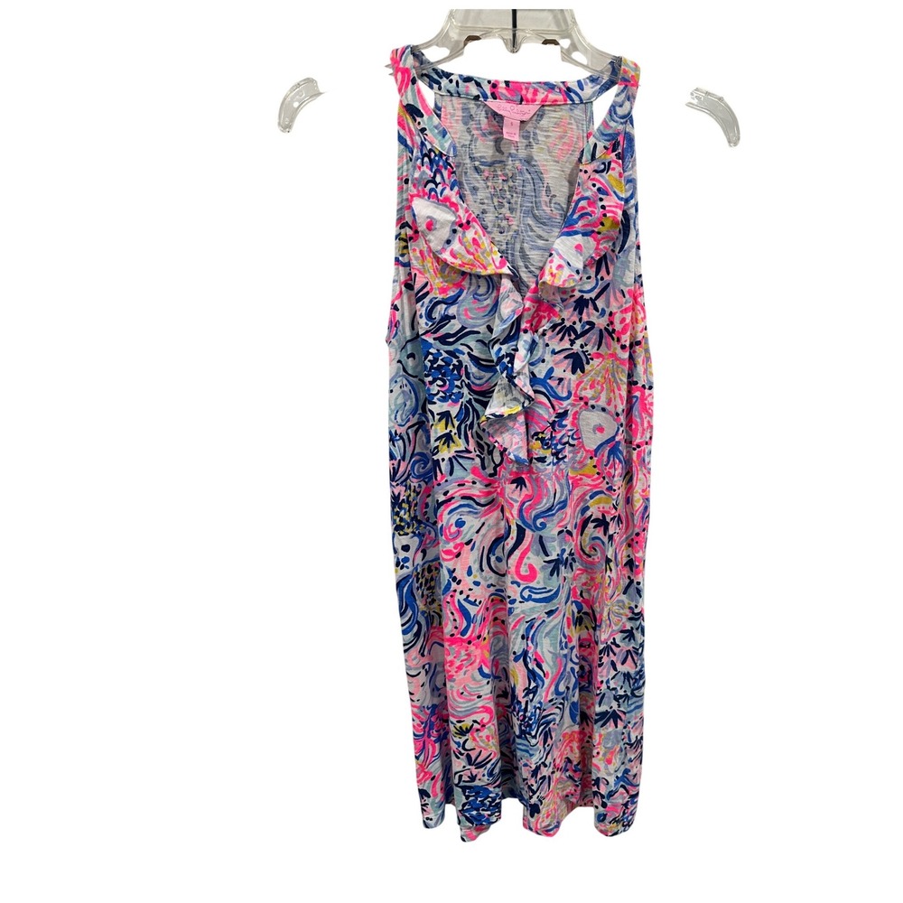 Lilly Pulitzer Pink‎ Blue Floral Ruffle V-Neck Tank Dress Sleeveless XS